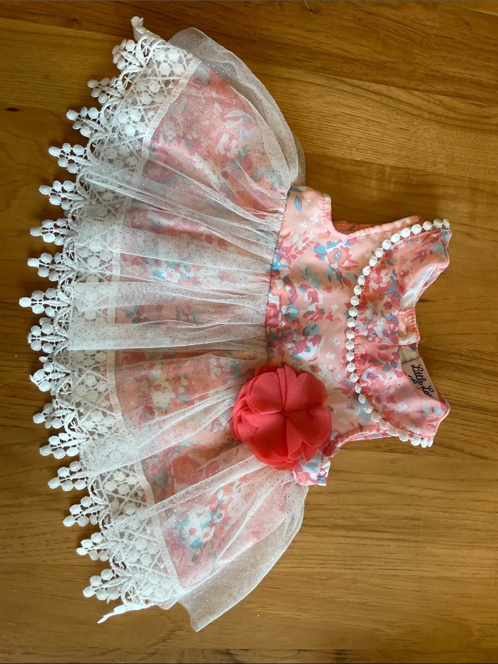 Little Lass Coral Pink Floral Tulle Top with Pink Leggings Set - Picture 4 of 7